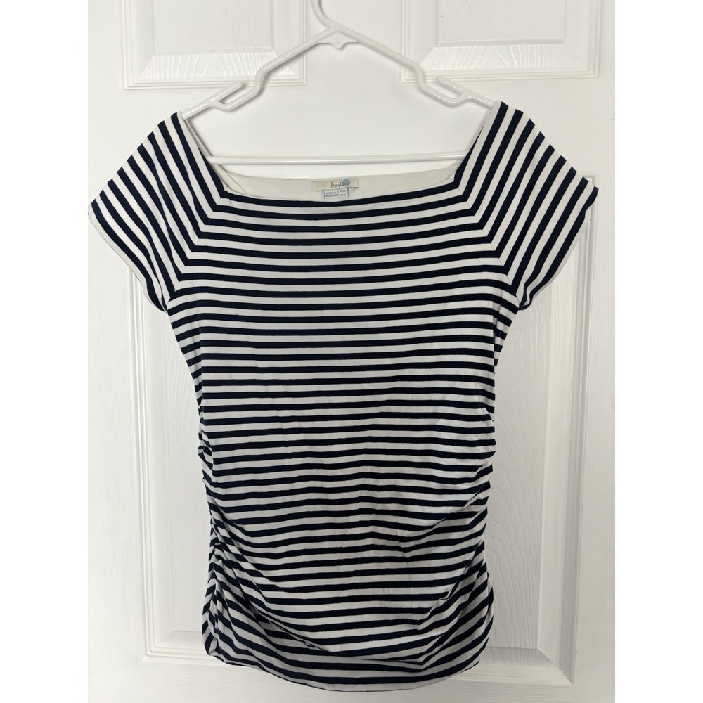 Boden Short Sleeve Navy White Stripe Stretch Knit Ruched Sides Women's Top Sz 10